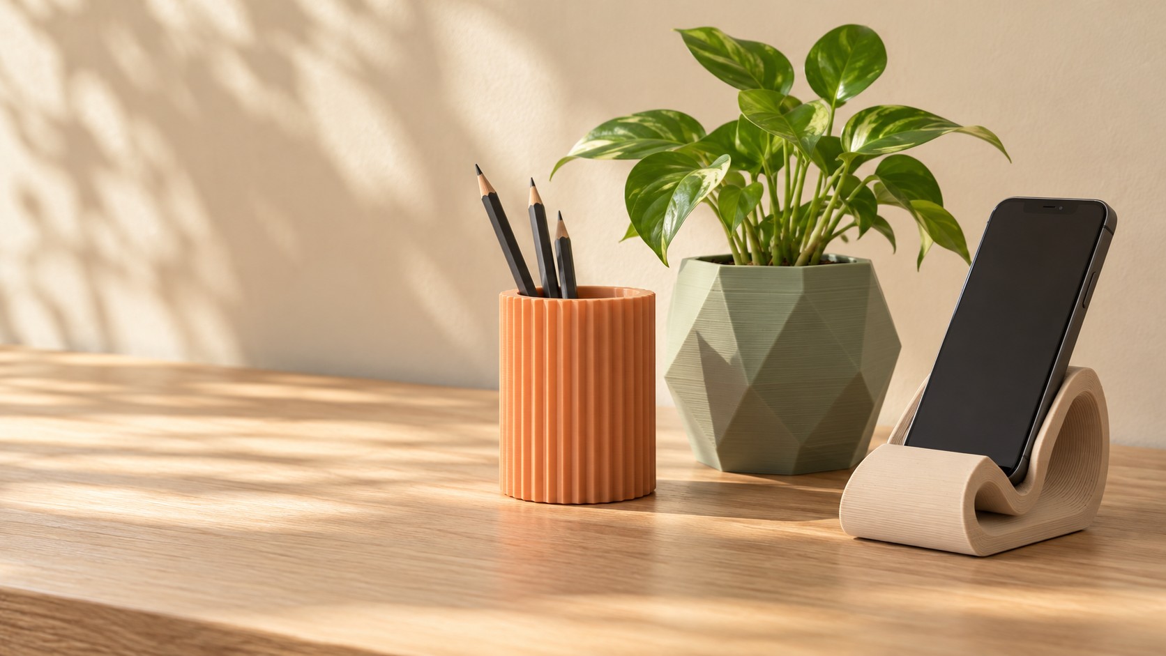 Composición ilustrativa de un organizador, una maceta y un soporte de teléfono impresos en 3D